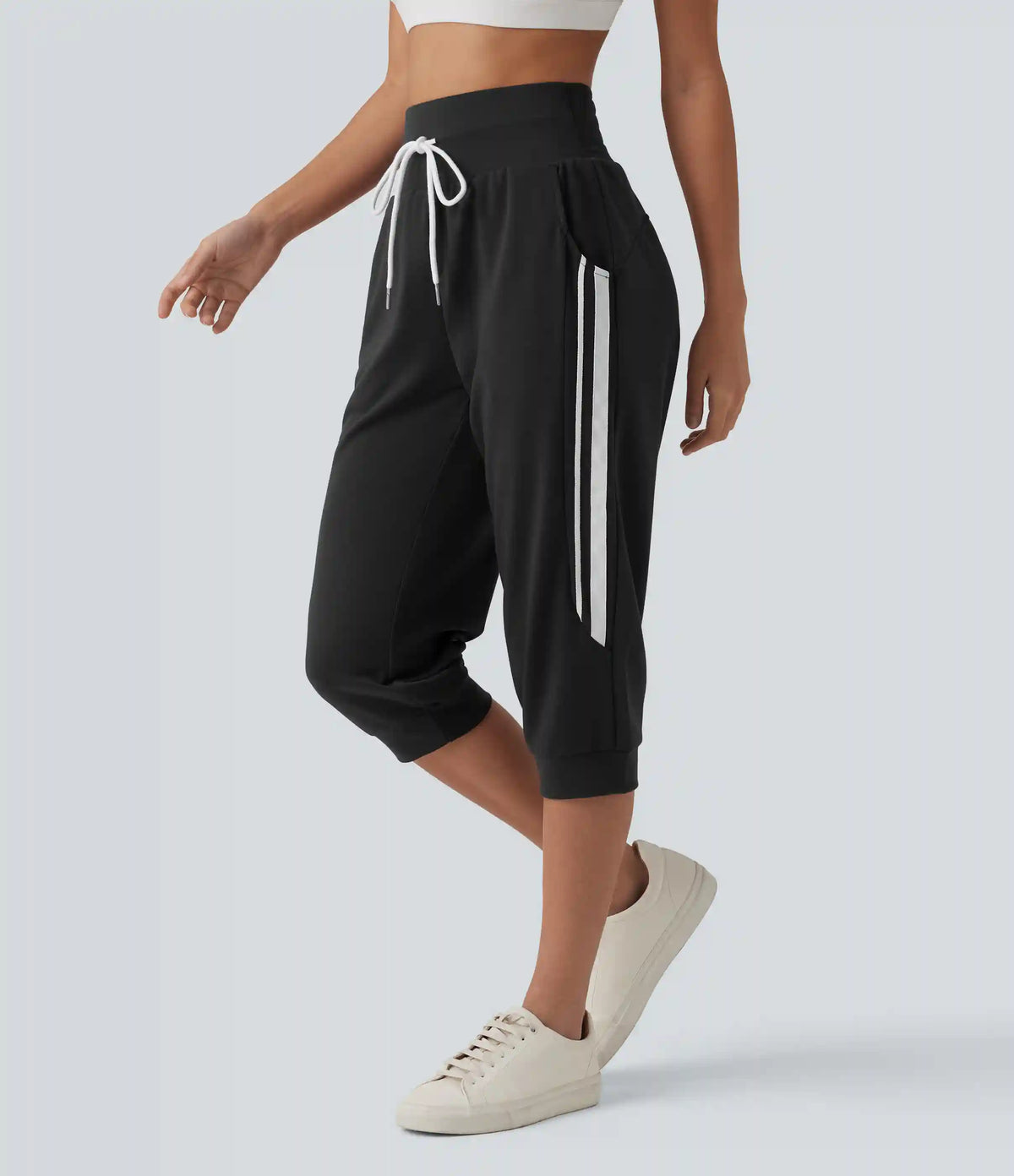 High Waisted Drawstring Stripe Capri Casual Joggers with Pockets