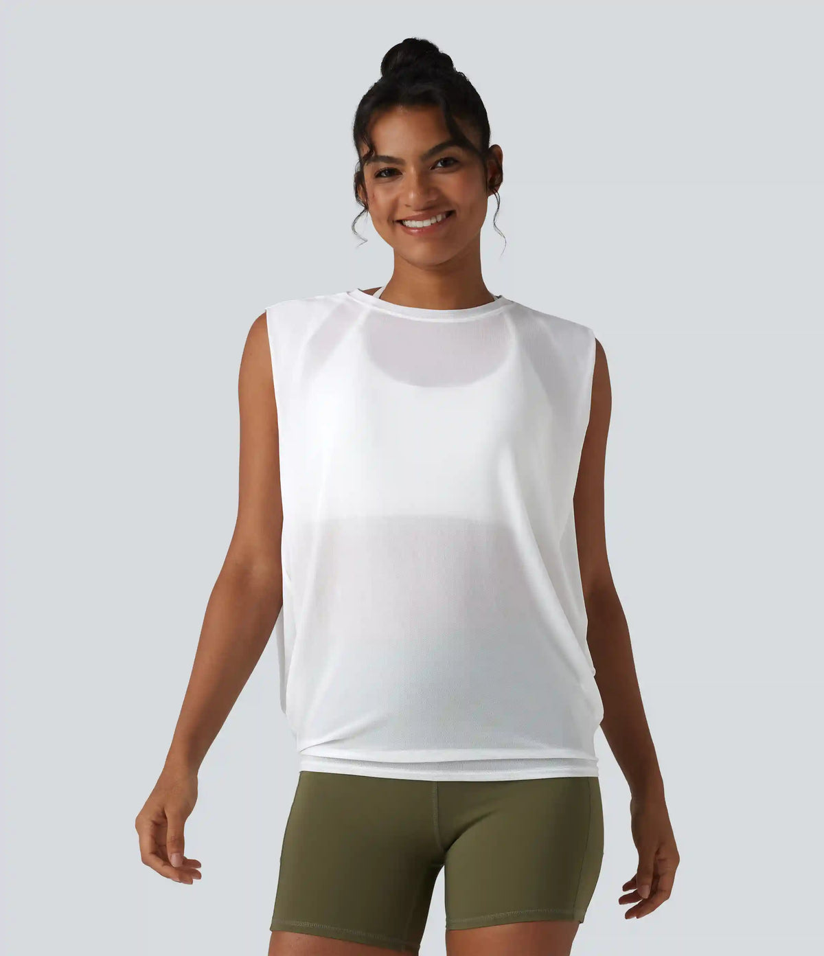 Sheer Mesh Round Neck Ruched Running Tank Top