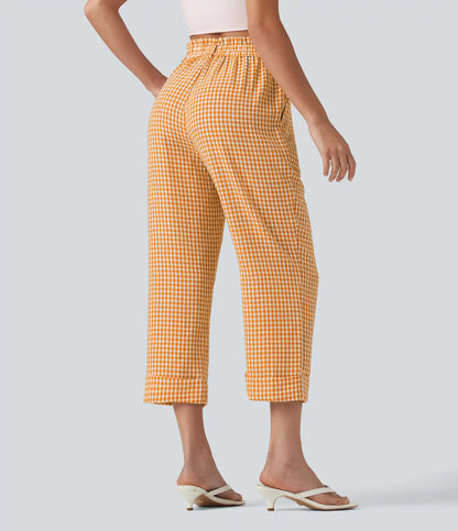 High Waisted Cropped Plaid Casual Linen-Feel Pants with Pockets