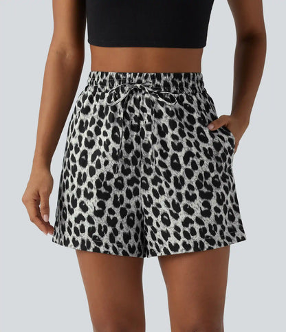 High Waisted Drawstring Leopard Print Casual Shorts with Pockets
