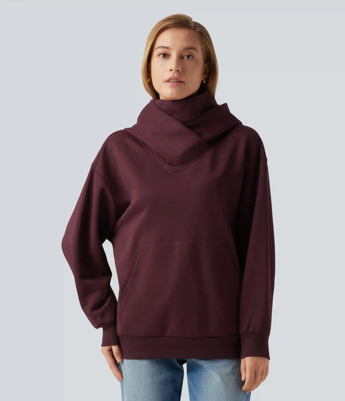 Hooded Crossover Dropped Long Sleeve Fleece Casual Sweatshirt with Pocket