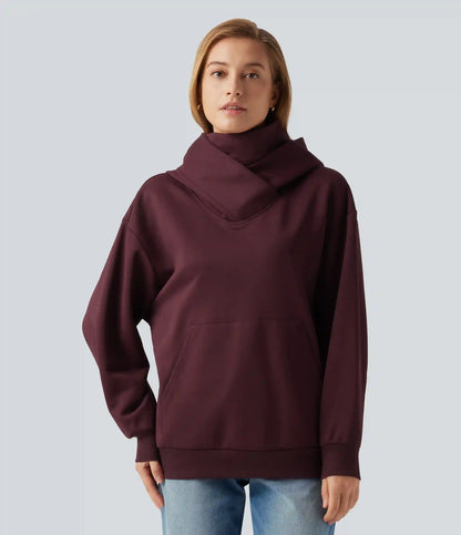 Hooded Crossover Dropped Long Sleeve Fleece Casual Sweatshirt with Pocket