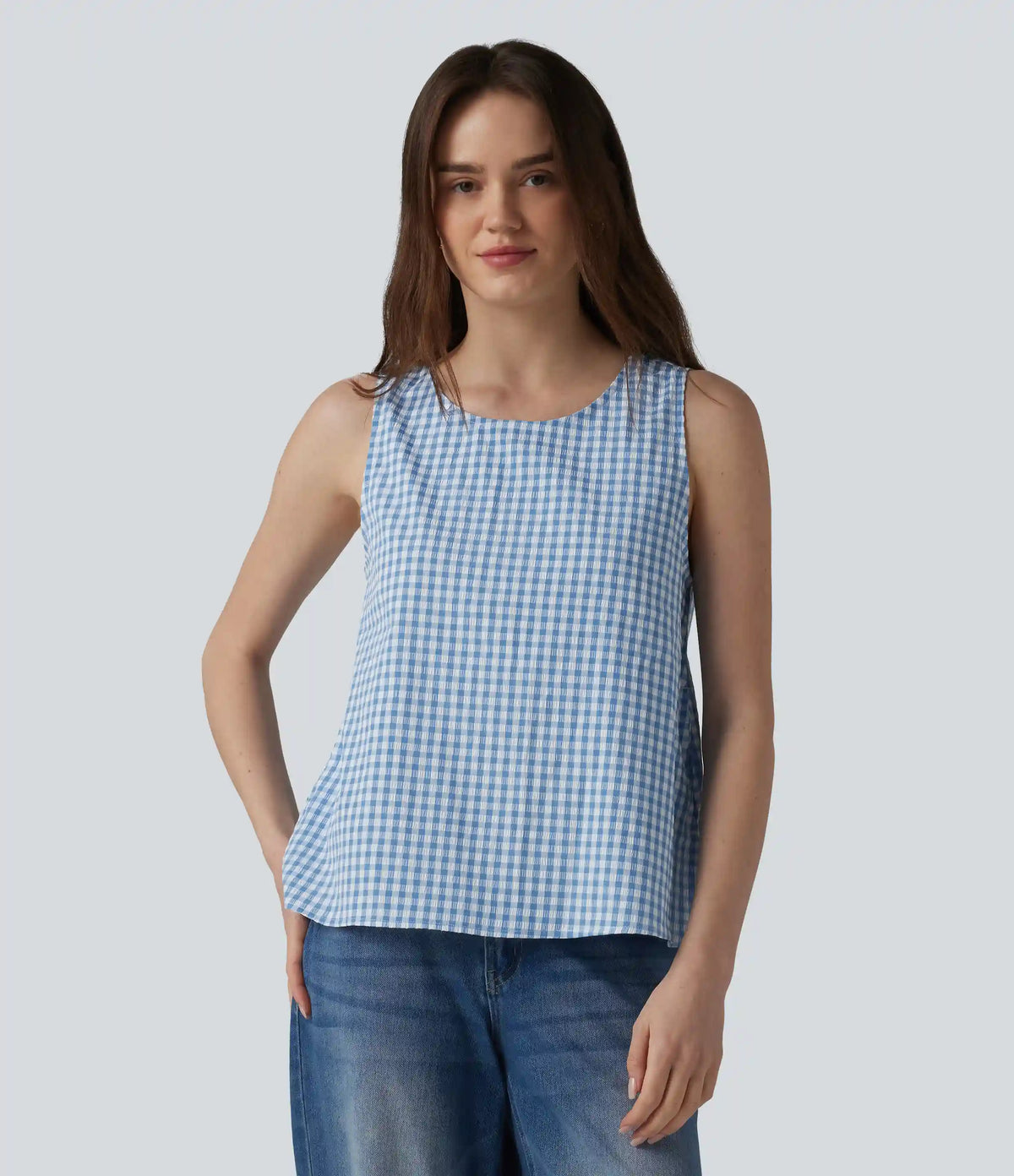 Round Neck Crinkle Gingham Casual Tank Top with Pockets