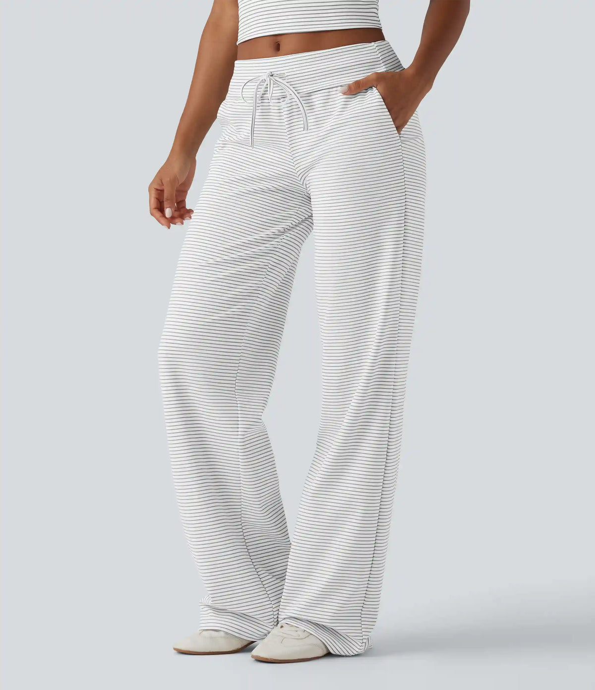 Foldover Low Rise Drawstring Stripes Casual Straight Leg Pants with Pockets