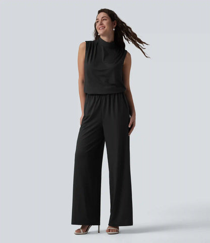 Stand Collar Sleeveless Straight Leg Bridesmaid And Wedding Guest Jumpsuit with Pockets-Easy Peezy