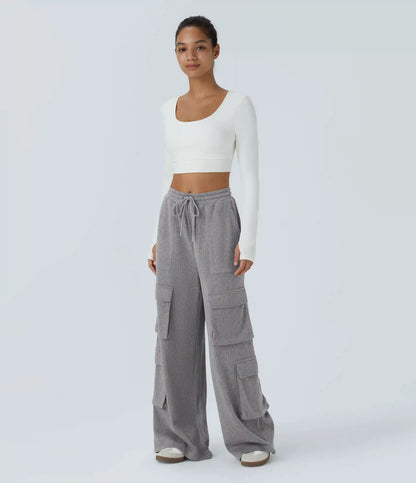 Ribbed Mid Rise Drawstring Pockets Wide Leg Cargo Casual Pants