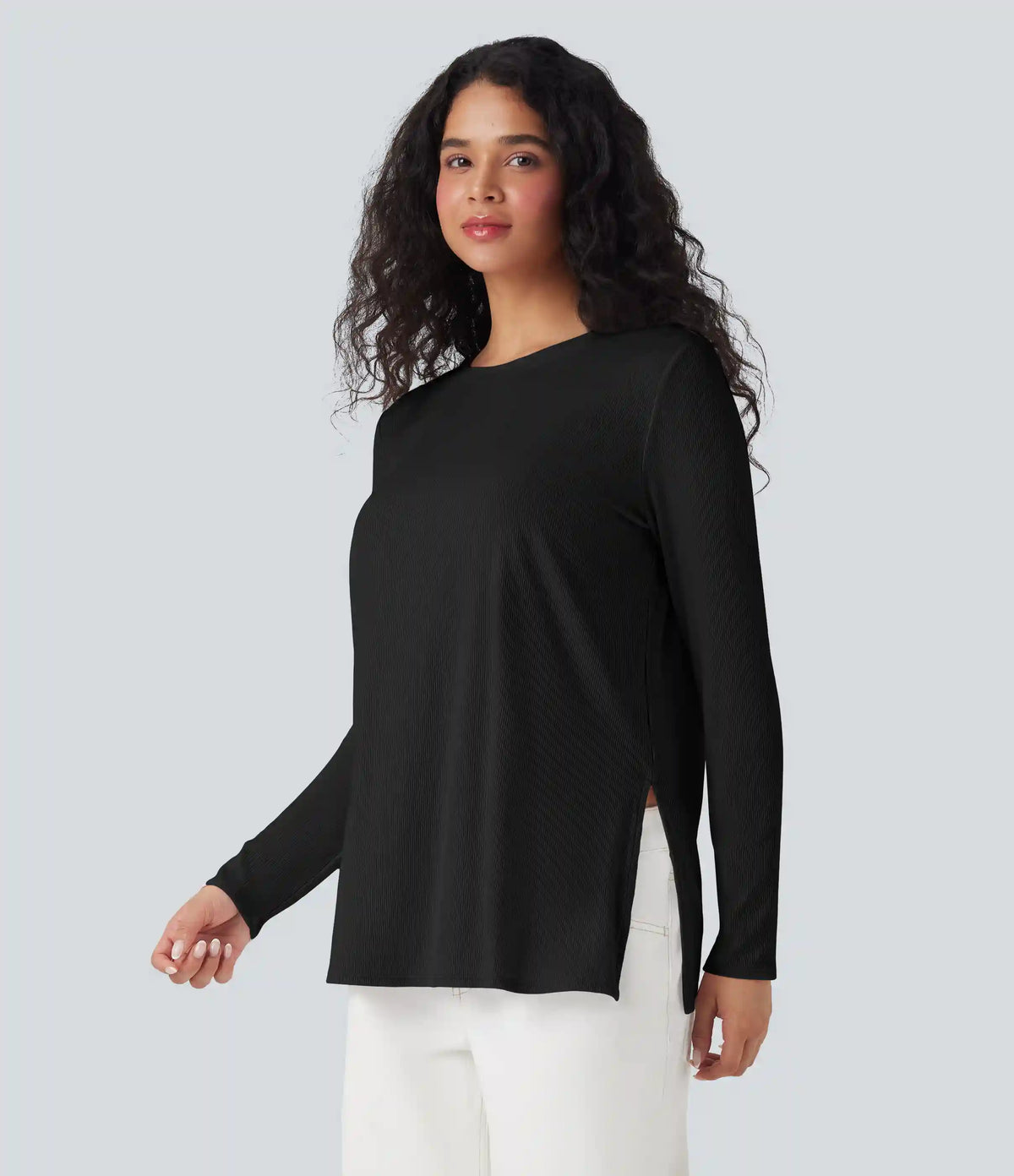 Ribbed Knit Long Sleeve Split Hem Casual T-Shirt