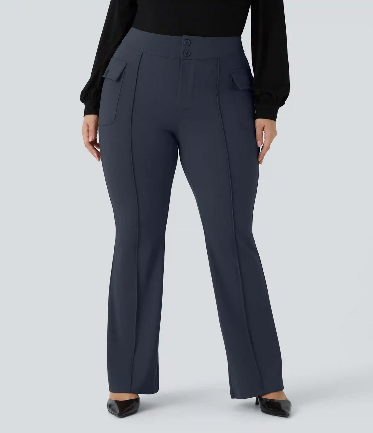 High Waisted Side Flap Pocket Flare Plus Size Casual Cargo Pants