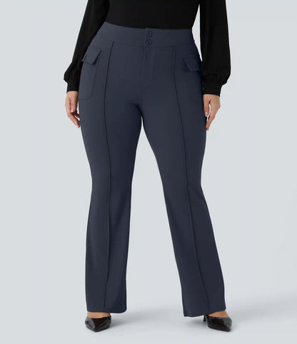 High Waisted Side Flap Pocket Flare Plus Size Casual Cargo Pants