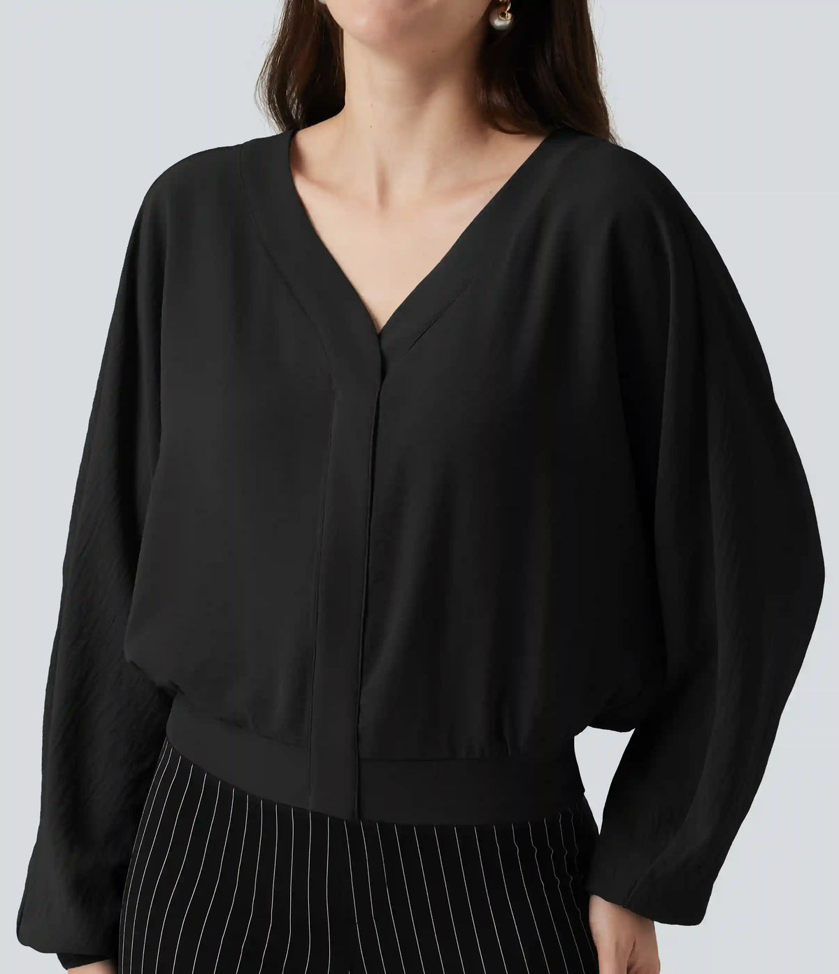 V Neck Batwing Long Sleeve Relaxed Work Blouse