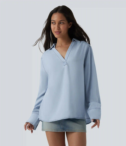 V Neck Long Sleeve Denim Casual Blouse
