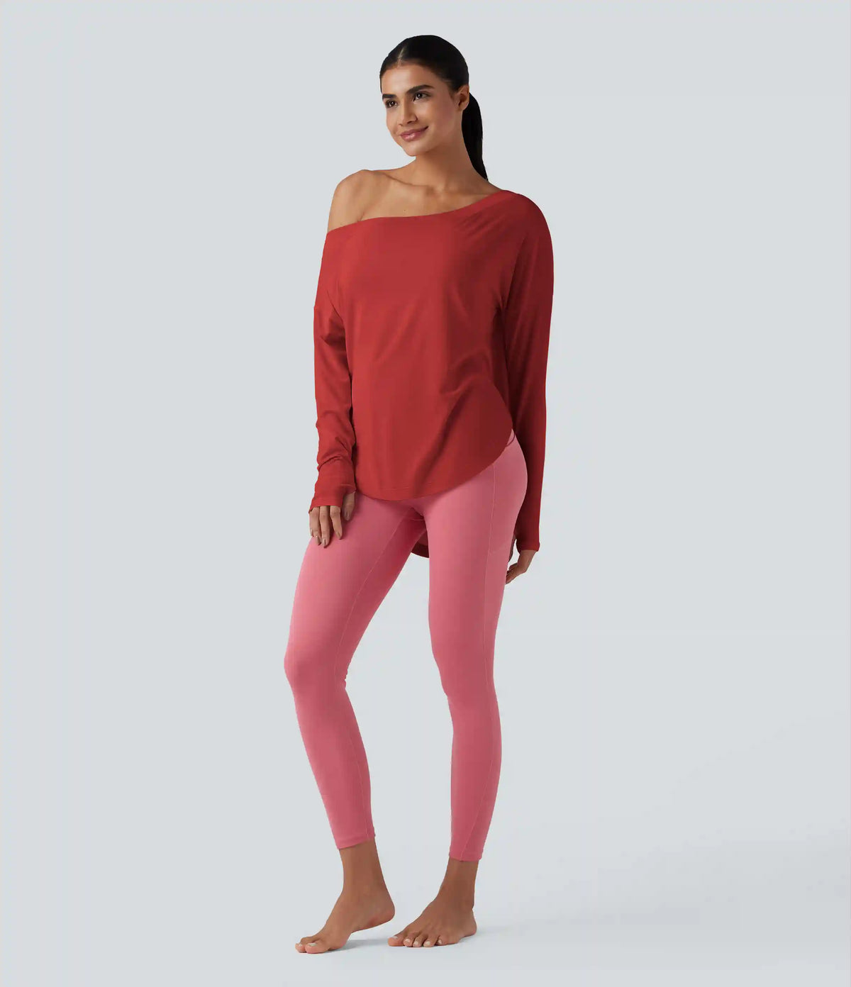 One Shoulder Long Sleeve Thumb Hole Curved Hem High Low Quick Dry Yoga Sports Top-Built-in Bra