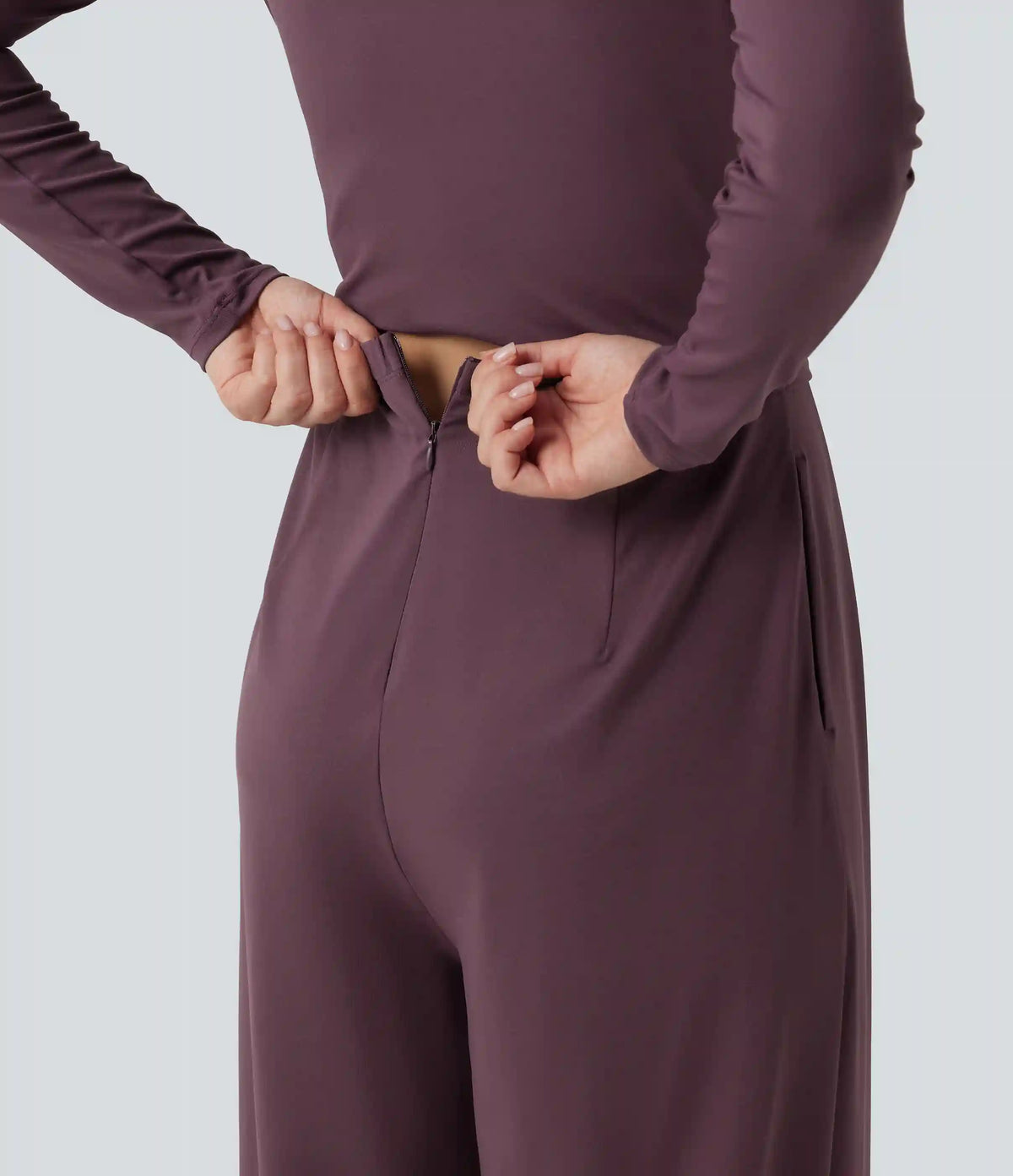 Round Neck Long Sleeve Wide Leg Casual Jumpsuit with Pockets-Easy Peezy Edition