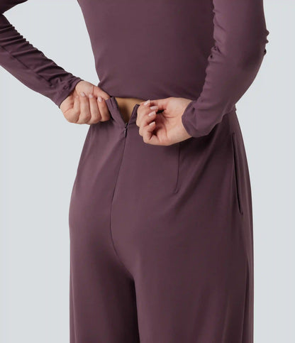 Round Neck Long Sleeve Wide Leg Casual Jumpsuit with Pockets-Easy Peezy Edition