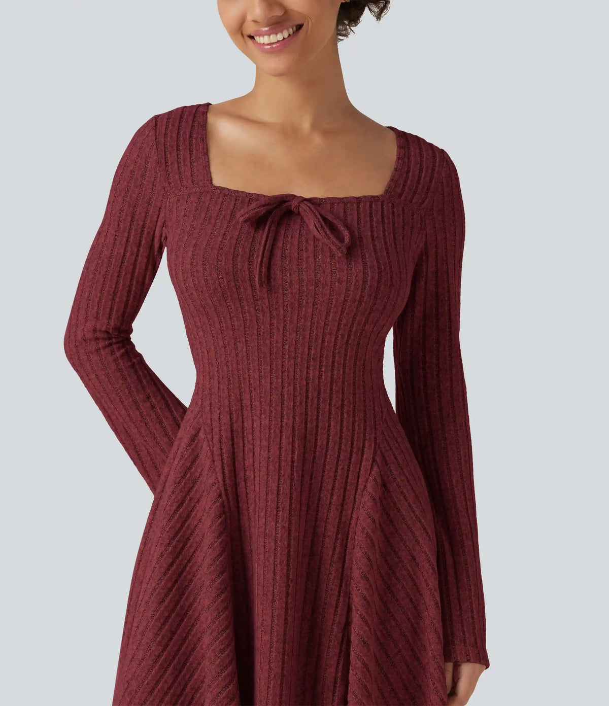 Ribbed Knit Square Neck Flounce Long Sleeve Decorative Knot Flare Mini Casual Dress