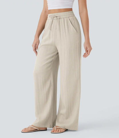 High Waisted Drawstring Pocket Wide Leg Baggy Casual Linen-Feel Pants