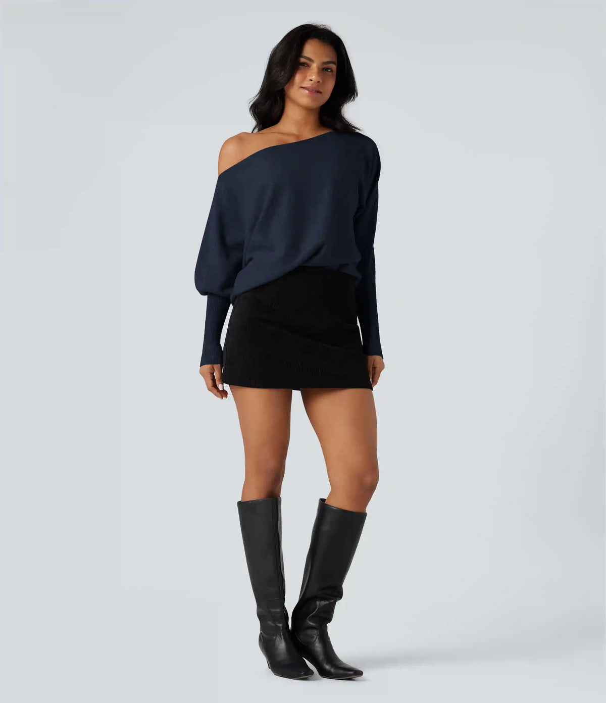 One-shoulder Batwing Sleeve Curved Hem Work Sweater