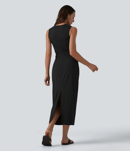 Ribbed Round Neck Sleeveless Built-in Bra Bodycon Midi Casual Dress