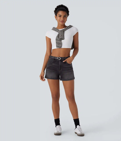 Halara Flex™ Mid Rise Zipper Pockets Denim Casual Shorts 3''