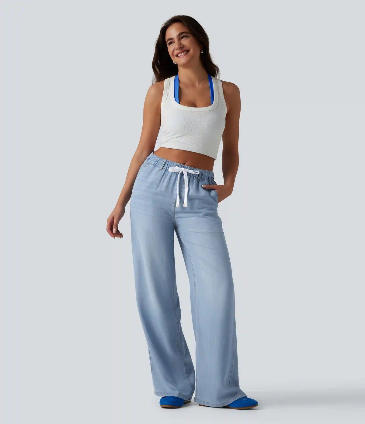 Mid Rise Drawstring Casual Jeans with Pockets