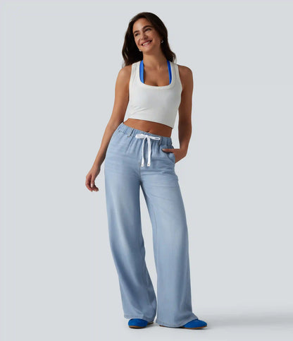 Mid Rise Drawstring Casual Jeans with Pockets
