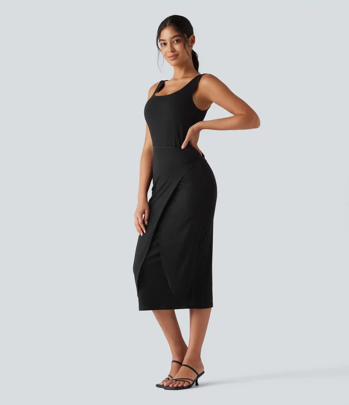 Ribbed Knit U Neck Sleeveless Heathered Bodycon Midi Casual Dress