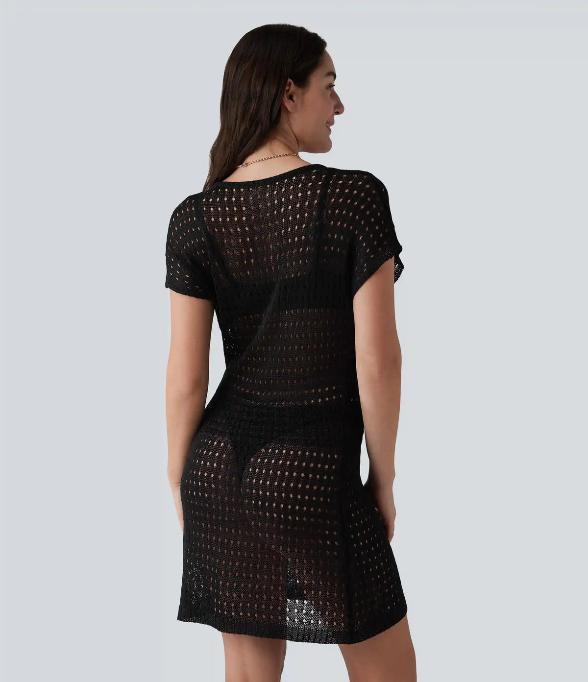 V-neck Short Sleeve Hollow Out Mini Resort Cover Up Dress