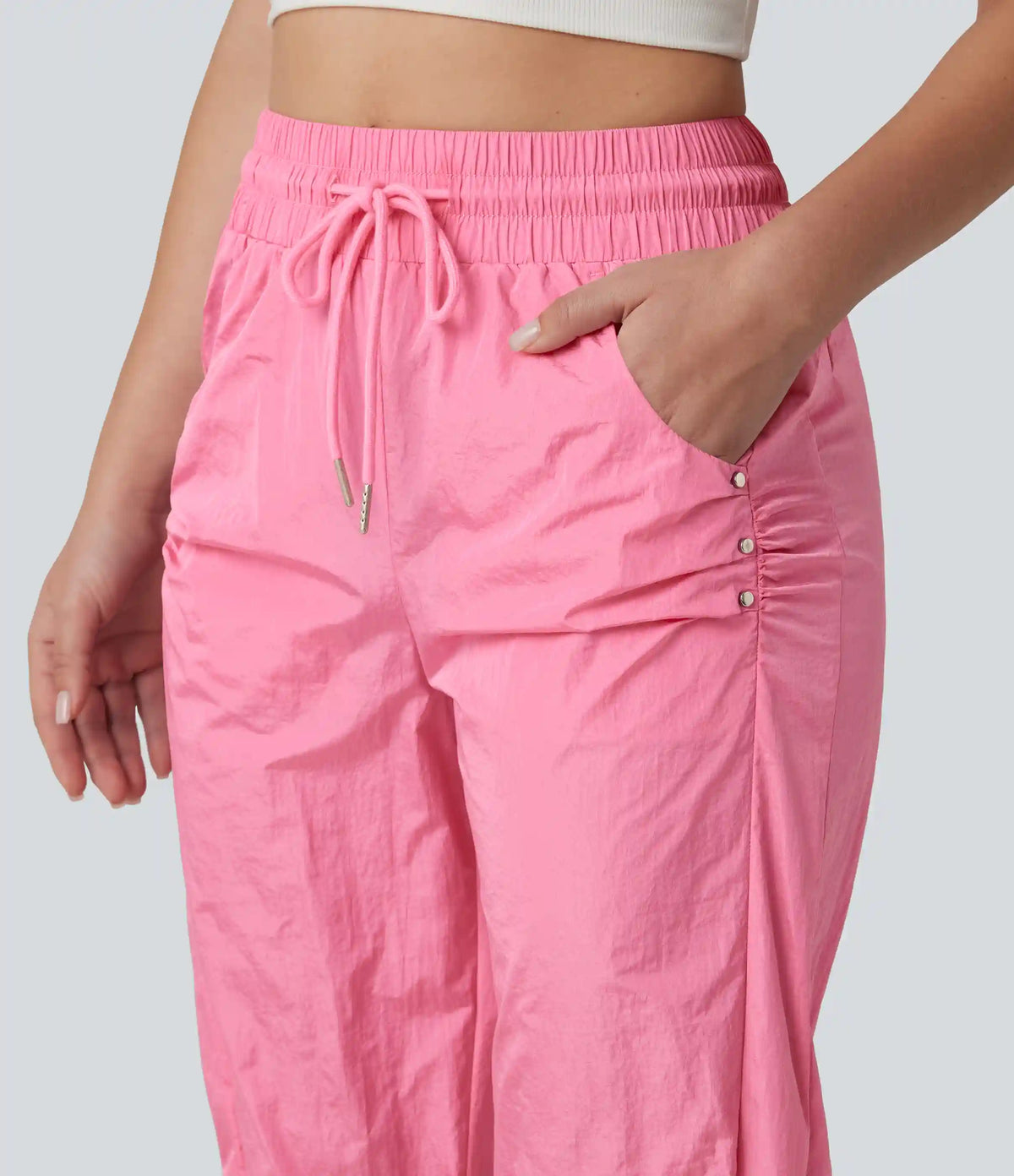 High Waisted Drawstring Studded Straight Leg Casual Pants with Pockets