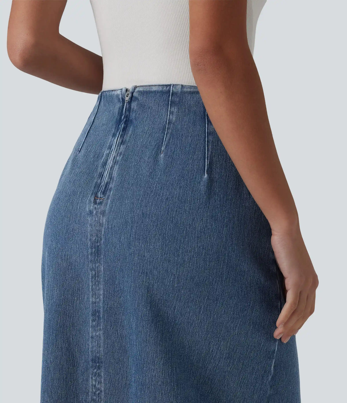 Halara Flex™ High Waisted Back Zipper Ruched Tulip Hem Midi Washed Denim Casual Skirt