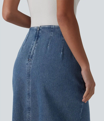 Halara Flex™ High Waisted Back Zipper Ruched Tulip Hem Midi Washed Denim Casual Skirt