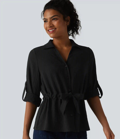 Lapel Roll Up Sleeve Tie Work Linen-Feel Shirt