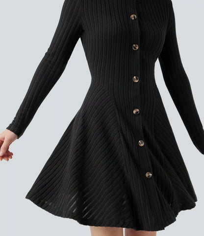 Ribbed Knit Round Neck Long Sleeve Flare Mini Casual Dress