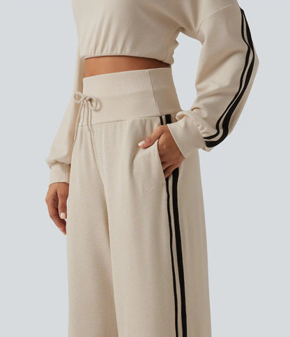 High Waisted Drawstring Wide Leg Side Stripe Waffle Casual Pants with Pockets