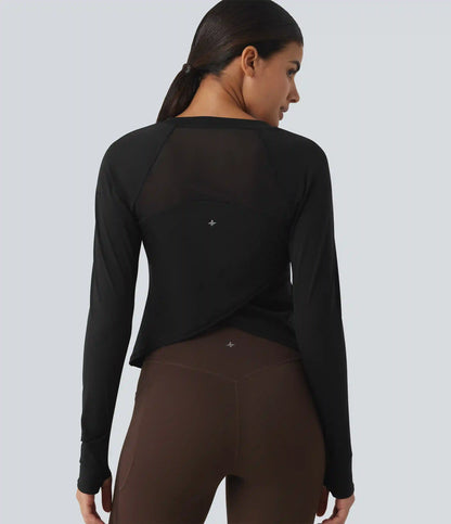 SoftlyZero™ Airy Quick Dry Round Neck Raglan Long Sleeve Mesh Back Crossover Yoga Sports Top with Thumb Holes