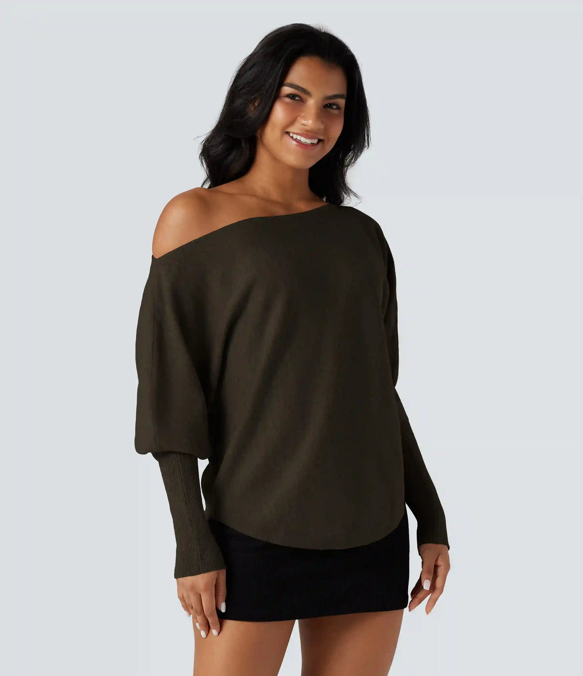 One-shoulder Batwing Sleeve Curved Hem Work Sweater