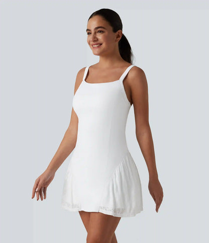 SoftlyZero™ Airy Crisscross Back Contrast Lace Built-in Bra InstantCool Tennis Active Dress with Pockets-Easy Peezy