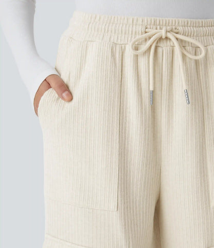 Ribbed Mid Rise Drawstring Pockets Wide Leg Cargo Casual Pants