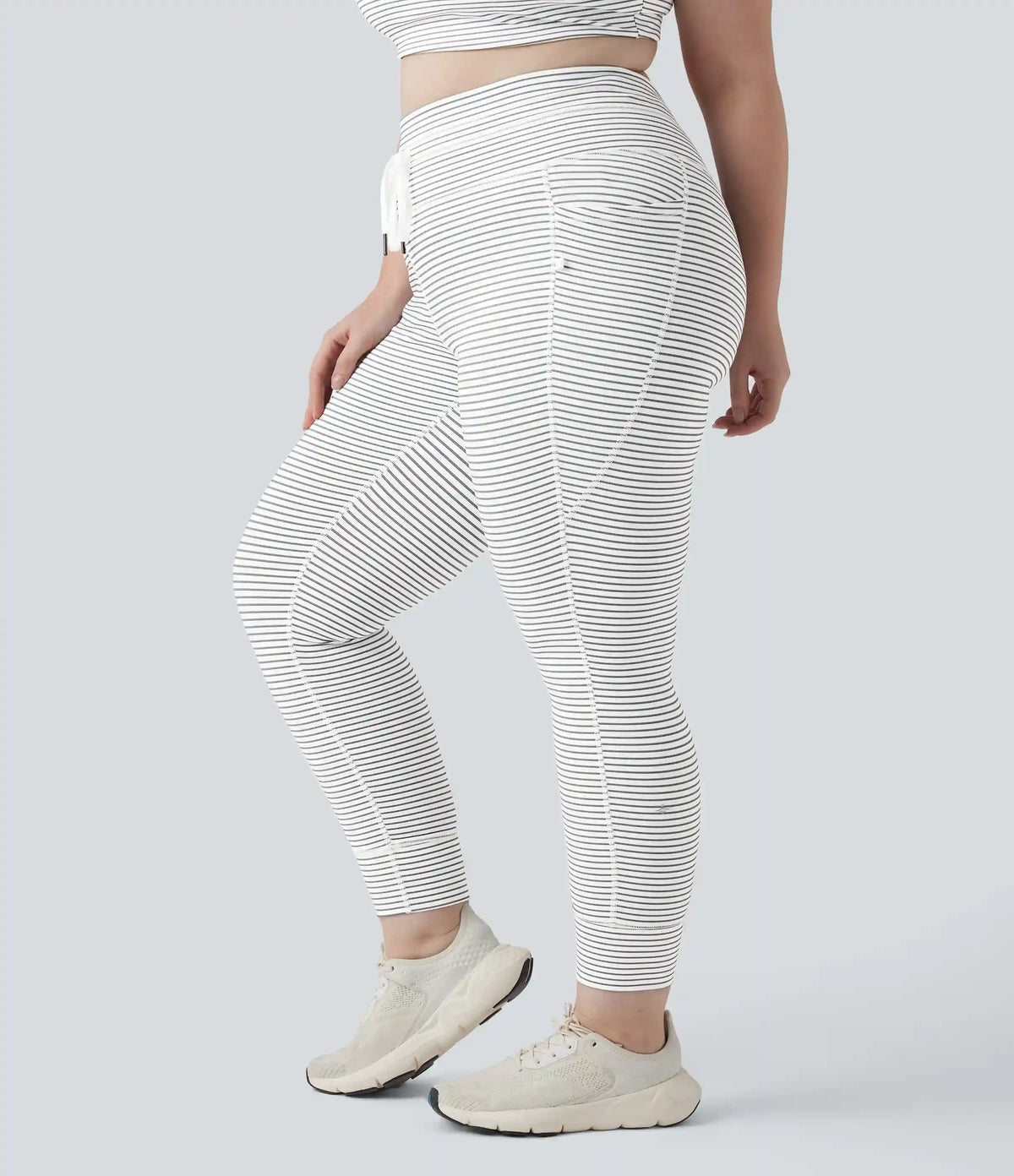 High Waisted Drawstring Striped Yoga Plus Size Leggings with Pockets
