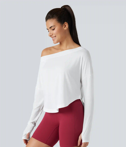 One Shoulder Long Sleeve Thumb Hole Curved Hem High Low Quick Dry Yoga Sports Top