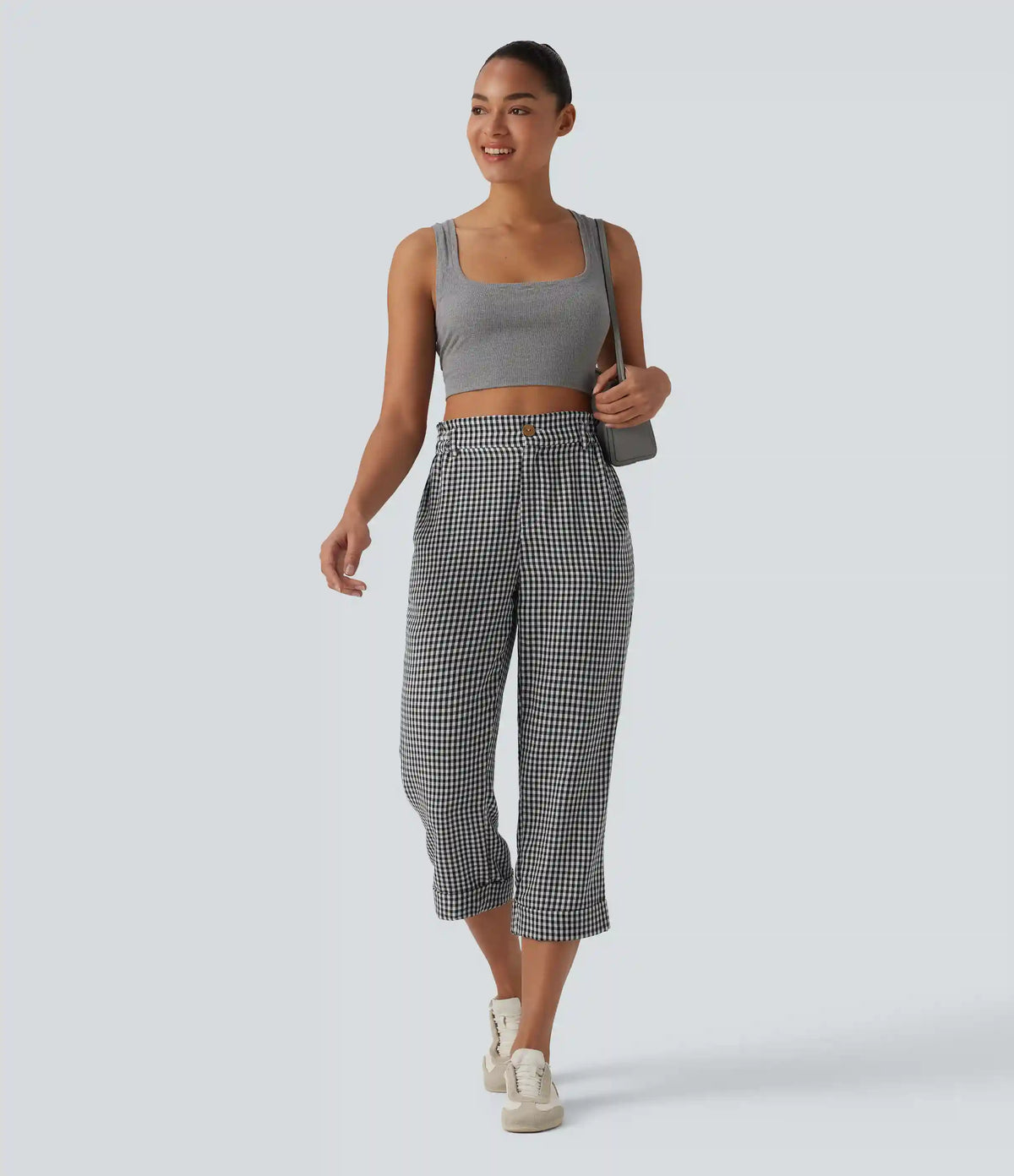 High Waisted Cropped Plaid Casual Linen-Feel Pants with Pockets