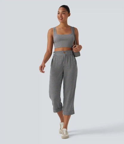 High Waisted Cropped Plaid Casual Linen-Feel Pants with Pockets