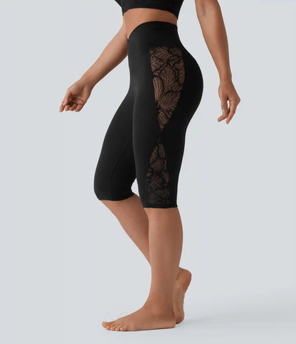 SoftlyZero™ High Waisted Crossover Contrast Lace Pedal Pusher Yoga Leggings with Pocket