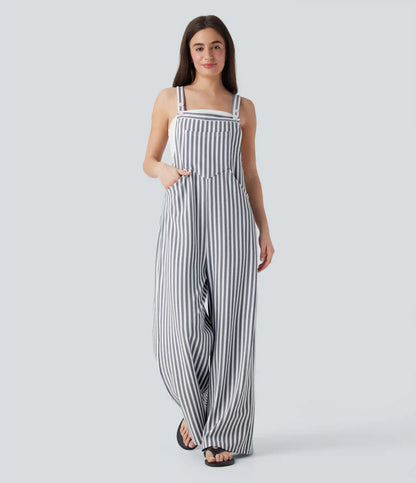 Pockets Stripe Waffle Overalls