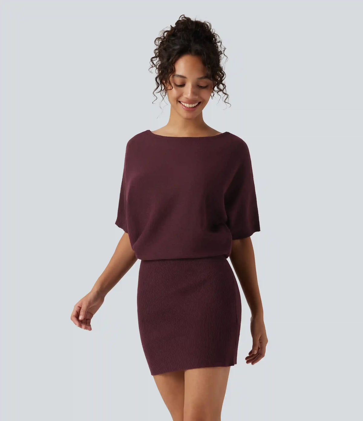 Ribbed Knit Boat Neck Batwing Short Sleeve Loose fit Mini Casual Dress