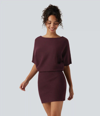 Ribbed Knit Boat Neck Batwing Short Sleeve Loose fit Mini Casual Dress