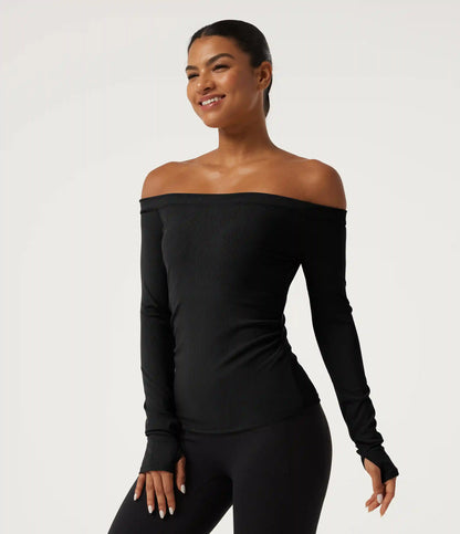 Ribbed Knit Off Shoulder Long Sleeve Thumb Hole Built-in Bra Yoga Sports Top
