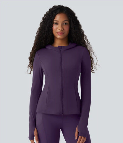 SoftlyZero™ Hooded Long Sleeve Thumb Hole Pleated Jacket with Pockets