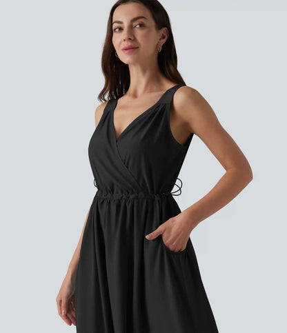 V Neck Sleeveless Midi Casual Dress with Pockets