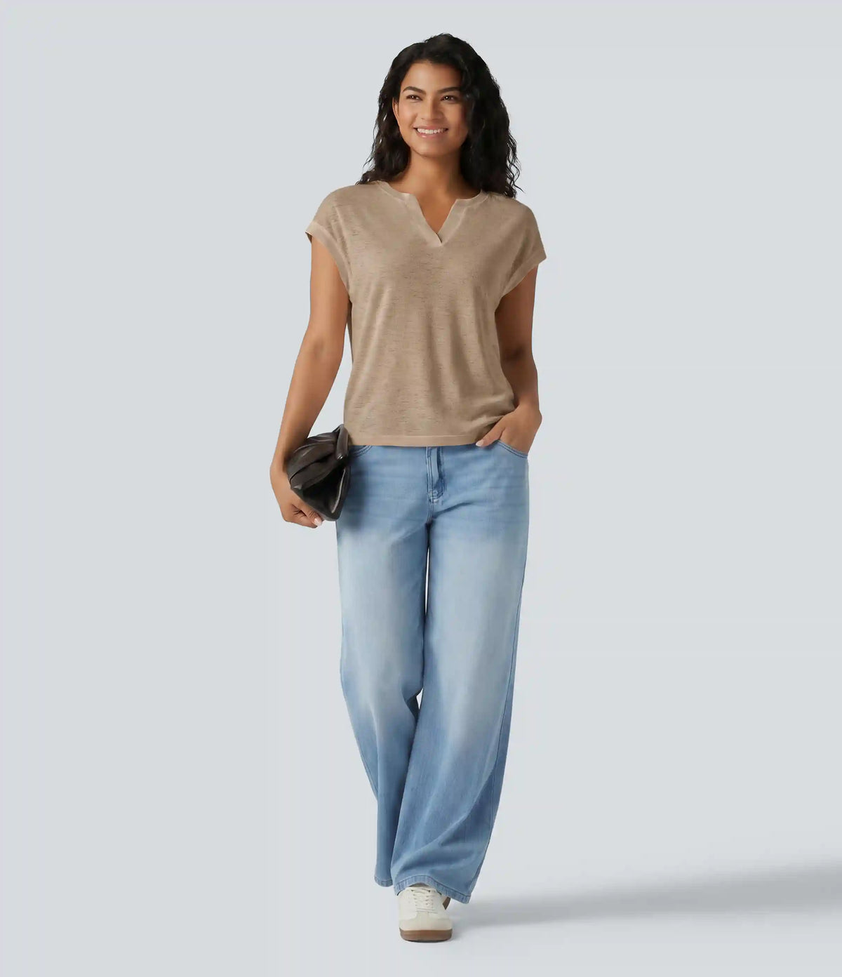 Semi Sheer Notched Short Sleeve Casual T-Shirt