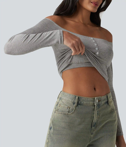 Ribbed Off-shoulder Long Sleeve Built-in Bra Ultra-slim Casual T-Shirt